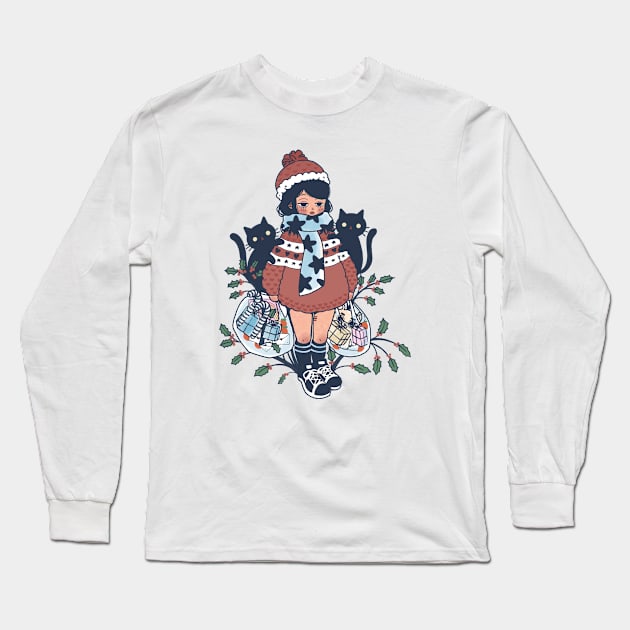 Kawaii Christmas Cats Design | Cute Handmade Illustrations | Christmas Present | By Atelier Serakara Long Sleeve T-Shirt by Atelier Serakara